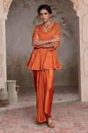 Buy_Adi By Aditya Khandelwl_Orange Silk Zari Split V-neck Burnt Peplum Kurta And Draped Skirt 