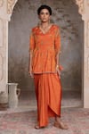 Adi By Aditya Khandelwl_Orange Silk Zari Split V-neck Burnt Peplum Kurta And Draped Skirt _Online_at_Aza_Fashions