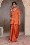 Buy_Adi By Aditya Khandelwl_Orange Silk Zari Split V-neck Burnt Peplum Kurta And Draped Skirt _at_Aza_Fashions
