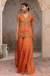 Adi By Aditya Khandelwl_Orange Silk Embroidery V-neck Burnt Hand Kurta Set _at_Aza_Fashions