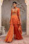 Buy_Adi By Aditya Khandelwl_Orange Silk Embroidery, Zari Sweetheart Neck Burnt Peplum Kurta Sharara Set _Online_at_Aza_Fashions