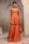 Buy_Adi By Aditya Khandelwl_Orange Silk Embroidery, Zari Sweetheart Neck Burnt Peplum Kurta Sharara Set _at_Aza_Fashions