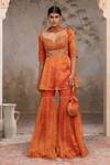 Adi By Aditya Khandelwl_Orange Silk Embroidery, Zari Sweetheart Neck Burnt Peplum Kurta Sharara Set _at_Aza_Fashions