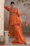 Buy_Adi By Aditya Khandelwl_Orange Silk Embroidery, Zari Sweetheart Neck Burnt Peplum Kurta Sharara Set 
