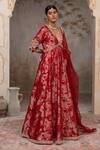 Shop_Adi By Aditya Khandelwl_Red Jacquard, Silk , Embroidery V-neck Blood Hand Anarkali Set _Online_at_Aza_Fashions