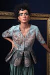 Buy_Adi By Aditya Khandelwl_Blue Jacquard Embroidery V-neck Hand Peplum Top And Skirt Set _Online_at_Aza_Fashions