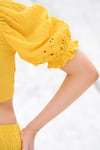 Beachbum_Yellow Cotton Cut Work Plunge Neck Sun Schiffli Skirt And Tie Top Set _Online_at_Aza_Fashions