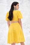 Shop_Beachbum_Yellow Cotton Cut Work Plunge Neck Sun Schiffli Skirt And Tie Top Set _at_Aza_Fashions