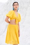 Buy_Beachbum_Yellow Cotton Cut Work Plunge Neck Sun Schiffli Skirt And Tie Top Set _at_Aza_Fashions