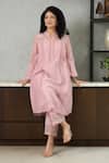 Shop_OMI_Pink Chanderi, Cotton Satin Embroidery Collared Kurta Set _Online_at_Aza_Fashions