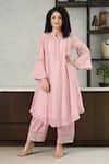 Buy_OMI_Pink Chanderi, Cotton Satin Embroidery Collared Kurta Set _at_Aza_Fashions