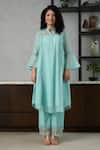 Shop_OMI_Aqua Chanderi, Cotton Satin Embroidery Collared Blue Kurta Set _Online_at_Aza_Fashions