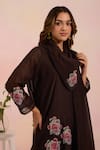 OMI_Black Chanderi, Cotton Satin Embroidery Cowl Neck Kurta Set _at_Aza_Fashions