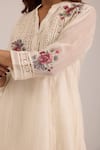OMI_Off White Chanderi, Cotton Satin Embroidery Split V-neck Pant Set _at_Aza_Fashions