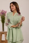 OMI_Green Chanderi, Cotton Satin Embroidery V-neck Sea Pant Set _Online_at_Aza_Fashions
