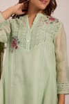 OMI_Green Chanderi, Cotton Satin Embroidery V-neck Sea Pant Set _at_Aza_Fashions