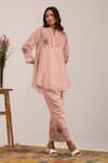 Buy_OMI_Pink Chanderi, Cotton Satin Embroidery Split V-neck Mul Pant Set _Online_at_Aza_Fashions