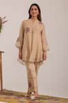 Buy_OMI_Beige Chanderi, Cotton Satin Embroidery Split V-neck Top And Pant Set _at_Aza_Fashions