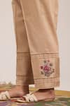 Shop_OMI_Beige Chanderi, Cotton Satin Embroidery Split V-neck Top And Pant Set 