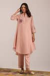 Buy_OMI_Pink Chanderi, Cotton Satin Embroidery Split V-neck Kurta Set _at_Aza_Fashions