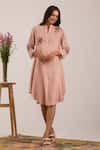 OMI_Pink Chanderi, Cotton Satin Embroidery Split V-neck Kurta Set _Online_at_Aza_Fashions