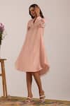 Shop_OMI_Pink Chanderi, Cotton Satin Embroidery Split V-neck Kurta Set _Online_at_Aza_Fashions