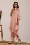 OMI_Pink Chanderi, Cotton Satin Embroidery Split V-neck Kurta Set _at_Aza_Fashions
