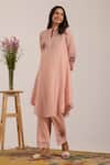Buy_OMI_Pink Chanderi, Cotton Satin Embroidery Split V-neck Kurta Set 