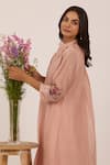 Shop_OMI_Pink Chanderi, Cotton Satin Embroidery Split V-neck Kurta Set 