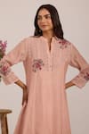Buy_OMI_Pink Chanderi, Cotton Satin Embroidery Split V-neck Kurta Set _Online