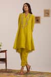 Buy_OMI_Green Chanderi, Cotton Satin Embroidery V-neck Lime Kurta Set 