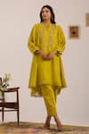 Buy_OMI_Green Chanderi, Cotton Satin Embroidery V-neck Lime Kurta Set _at_Aza_Fashions