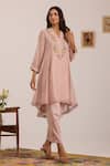 OMI_Lilac Chanderi, Cotton Satin Embroidery V-neck Panelled Flared Kurta Set _Online_at_Aza_Fashions