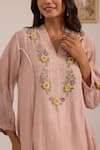 Buy_OMI_Lilac Chanderi, Cotton Satin Embroidery V-neck Panelled Flared Kurta Set 