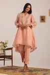 Buy_OMI_Peach Chanderi, Cotton Satin Embroidery V-neck Kurta Set _Online_at_Aza_Fashions