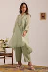 Shop_OMI_Green Chanderi, Cotton Satin Embroidery V-neck Sea Kurta Set _Online_at_Aza_Fashions