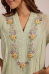 OMI_Green Chanderi, Cotton Satin Embroidery V-neck Sea Kurta Set _at_Aza_Fashions