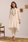 Buy_OMI_Off White Chanderi, , Satin Embroidery Split V-neck Kurta Set _at_Aza_Fashions