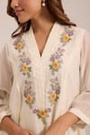 OMI_Off White Chanderi, , Satin Embroidery Split V-neck Kurta Set _Online