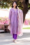 Buy_Missprint_Purple Silk, Cotton Embroidery V-neck Amara Chanderi Kurta Suit Set _at_Aza_Fashions