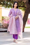 Missprint_Purple Silk, Cotton Embroidery V-neck Amara Chanderi Kurta Suit Set _at_Aza_Fashions