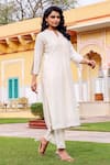 Missprint_White Cotton, Silk Lace V-neck Antique Chanderi Kurta Set _at_Aza_Fashions