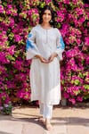 Buy_Missprint_White Cotton, Silk Embroidery Round Neck Aarohi Chanderi Brush Painted Set _at_Aza_Fashions