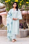 Buy_Missprint_Mint Cotton, Silk Embroidery V-neck Meera Chanderi Kurta Set _at_Aza_Fashions
