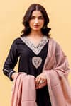 Shop_Missprint_Black Cotton, Silk Embroidery V-neck Chanderi Kurta Set _Online_at_Aza_Fashions