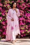Missprint_Pink Organza, Cotton Embroidery V-neck Aria Kurta Set _at_Aza_Fashions