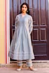 Missprint_Slate Cotton, Silk Embroidery Split V-neck Chanderi Kurta Set _at_Aza_Fashions