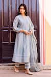 Buy_Missprint_Gray Cotton, Silk Embroidery Mandarin Collar Slate Blue Chanderi Kurta Set _at_Aza_Fashions