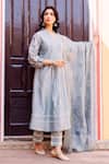Missprint_Gray Cotton, Silk Embroidery Mandarin Collar Slate Blue Chanderi Kurta Set _at_Aza_Fashions