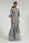 Buy_Merge Design_Gray Net, Georgette Mirrors Round Neck Grey Work Pre-draped Saree Set _at_Aza_Fashions